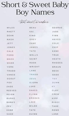 the short and sweet baby boy names are shown in black on a white background with clouds