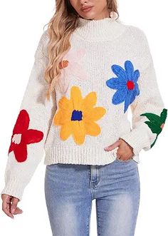 dwelsh | Instagram, Facebook | Linktree Ladies Sweaters, Knit Top Patterns, Flower Sweater, Rib Knit Top, Floral Sweater, Long Sleeve Pullover Sweater, Knitted Tops, Tunic Tank Tops, Cotton Bottoms