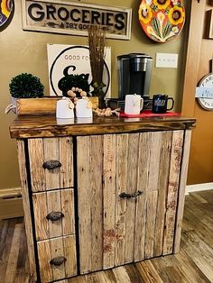 a wooden cabinet sitting inside of a store