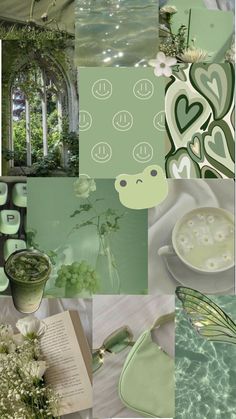 green and white collage with flowers, plants, butterflies, books and vases