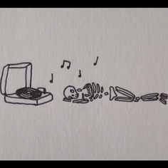 a drawing of an old record player with music notes coming out of it and a dead fish lying on the floor