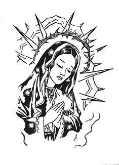 a black and white drawing of the virgin mary with her hands folded over her chest