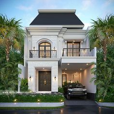 a car is parked in front of a two story house with balconies and palm trees