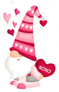 a cartoon gnome holding a heart with hearts flying around it and the word xoxo on