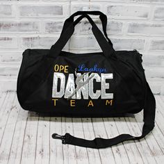 Personalized dance team duffle bag. This bag is ready to hold all your stuff whether for after school practice, competitions or even a weekend at grandma's! Add a name for a super personalized bag. TOTE bag measures 12x18"with a zippered top. SMALL barrel duffle bag measures 18”x10”x10”, with a side zippered pocket. LARGE square bottom duffle bag measures 24”x12 x11”, with a front zippered pocket. Customizable Sporty School Bags, Sporty Customizable School Bags, Personalized Sporty School Bag, Sporty Personalized School Bag, Personalized Bags For Everyday School Use, School Spirit Personalized Bags For Everyday Use, Customizable School Spirit Bag For Everyday, Customizable School Spirit Bags For Everyday Use, Personalized School Spirit Bags