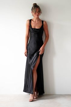 Wedding Guest Dress Open Back, Classy Wedding Bridesmaid Dresses, Edgy Dresses Formal, Formal Black Dress Outfit, Black Tie Dress Code Women, Wedding Guest Dress Elegant, Black Satin Gown, Masquerade Ball Outfits, Black Wedding Guest Dresses