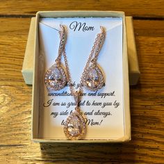 Nwot “Mom” Boxed Gift Set Rose Gold Gold Plated Drop Earrings And Necklace Of Cubic Zirconia Crystals. Would Make A Great Gift For A Mother Of Bride Or Mothers Day Gift. The Necklace Is Adjustable Length 16 Inches See Photos For Measurements Of Cubic Zirconia Rose Gold Jewelry Set For Valentine's Day Gift, Rose Gold Jewelry For Anniversary With Gift Box, Rose Gold Dangle Jewelry For Mother's Day, Mother's Day Formal Drop Earrings Jewelry, Rose Gold Drop Earrings For Mother's Day, Mother's Day Rose Gold Drop Earrings, Rose Gold Jewelry With Gift Box, Rose Gold Jewelry For Formal Occasions And Gifts, Rose Gold Jewelry With Gift Box For Wedding