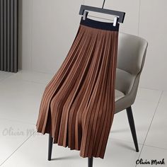 Olivia Mark - Double-sided Knitted Pleated Skirt: A Versatile Midi-Length Skirt for a Sophisticated Look Non-stretch Brown Long Skirt, Non-stretch Long Brown Skirt, Fall Ribbed Solid Color Skirt, Fall Ribbed Skirt, Casual Full Length Pleated Skirt For Fall, Elegant Brown Full-length Maxi Skirt, Elegant Brown Full Length Maxi Skirt, Brown Stretch Skirt For Fall, Fall Full Length Brown Maxi Skirt