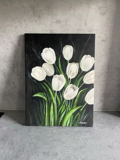 a painting of white tulips on a black and gray background with green stems