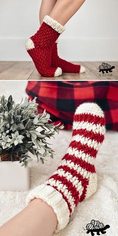 a woman's legs wearing red and white knitted slippers with striped socks