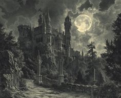 an old castle in the middle of a forest with a full moon behind it and dark clouds