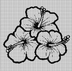 a black and white cross stitch pattern with three flowers on the bottom, one flower in the middle