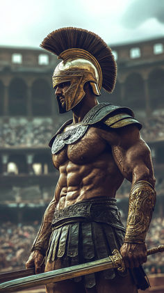 an image of a roman soldier in front of a stadium