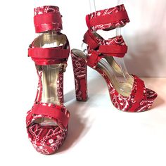 New, Never Worn Mata Red Bandanna Print 5.5" (Approx) Chunky High Heels 1.5" (Approx) Platform Hook & Loop Velcro Straps Adjustable Harness Comfortable & Stretchy Spandex Fabric Gold Toned Hardware With A Cushioned Insole *** May Not Come With Original Box*** Red Stacked Heel Ankle-high Heels, Red Ankle-high Heels With Stacked Heel, Red Ankle-high Heels For Summer, Red Fabric Party Heels, Red Fabric Heels With Round Toe, Red Fabric Heels For Spring, Party Fabric Wedge Heels, Red Platform Ankle-high Heels, Red Platform Heels Ankle-high