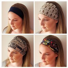 four different pictures of a woman wearing a headband with newspaper pages on it,