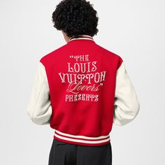 LOUIS VUITTON® - Mix Leather Varsity Blouson - Bright Red Cotton Jackets Women, Louis Vuitton Logo, Versace Jacket, Varsity Jacket Women, Shearling Jacket Women, Burberry T Shirt, Leather Varsity Jackets, Puffer Jacket Men, Cafe Racer Jacket