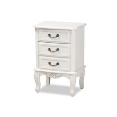 a white nightstand with three drawers and two handles on the top, in front of a white background