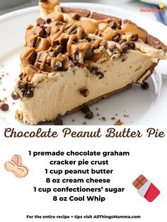 peanut butter pie on a plate Pb Pie, Easy Peanut Butter Pie, Peanut Butter Dessert Recipes, Chocolate Peanut Butter Pie, Easy Pie Recipes, Chocolate Graham Crackers, Creative Cooking, Easy Pie