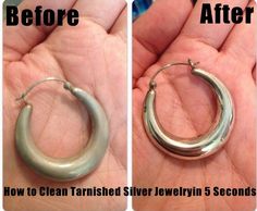 the before and after pictures of a pair of silver hoop earrings that have been cleaned