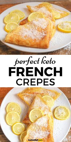 french crepes with lemons and powdered sugar on top are served in white plates