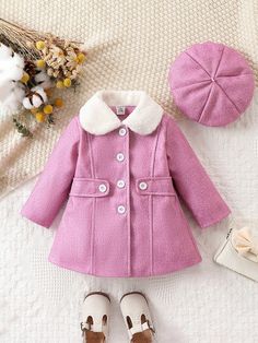 Baby Girl Borg Collar Button Front Overcoat & Hat Pink   Long Sleeve Knitted Fabric Colorblock Regular Slight Stretch  Baby Girls Clothing, size features are:Bust: ,Length: ,Sleeve Length: Girl Sweatpants, Baby Outerwear, Rose Bonbon, Girls Outerwear, Pink Collar, Pink Collars, Girls Denim, Dresses Kids Girl, Girl Falling