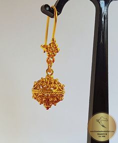 "★ Traditional Croatian filigree ball earrings, handcrafted in solid 14 k gold. Replicas of 19th century Ethnic, Heritage jewelry from Dubrovnik - Dalmatia region. Simple in style, versatile to wear with any outfit, and perfect for any occasion. Earrings end with decorative & secure - latching type of ear-wires. ★ *These earrings are handmade on order in 7-10 business days* Due to the handmade creation, every pair is unique, so there can be tiny variations in dimensions of the finished earri 22k Gold Pierced Earrings For Wedding, Ornate Round Ceremonial Earrings, Ornate 22k Gold Earrings, Formal 22k Gold Earrings With Intricate Design, Formal Byzantine Round Earrings, Traditional 14k Gold Earrings, Formal Pendant Earrings With Intricate Design, Yellow Gold Pendant Earrings For Festive Occasions, Yellow Gold Pendant Earrings For Wedding