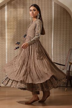 Beige anarkali featuring hand block print floral print with mukaish detailing. Paired with a printed jacket and a pant. - Aza Fashions Block Print Anarkali, Beige Anarkali, Floral Anarkali, Printed Jacket, Hand Block Print, Agra, Pants Pattern, Anarkali, Aza Fashion