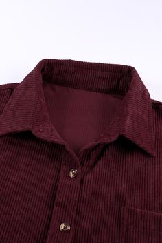 Wine Red Corduroy Button Pocket Shirt Winter Corduroy Tops With Button Closure, Fall Corduroy Shirt With Buttons, Winter Corduroy Shirt With Button Closure, Corduroy Tops With Button Closure, Solid Corduroy Tops With Button Closure, Winter Corduroy Shirt With Buttons, Winter Corduroy Button Shirt, Collared Corduroy Tops With Button Closure, Corduroy Collared Top With Button Closure