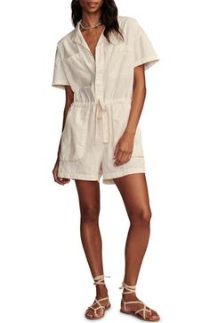 All-in-one casual style is the name of the game with this utilitarian cotton romper. Front button closure Notched collar Short sleeves Chest patch pockets; front slant pockets; back patch pockets Drawstring waist Unlined 100% cotton Machine wash, tumble dry Imported Casual Relaxed Fit Jumpsuits With Slip Pockets, Summer Jumpsuits And Rompers With Patch Pockets, Cotton Relaxed Fit Shortalls With Side Pockets, Relaxed Fit Cotton Shortalls With Side Pockets, Casual Cotton Jumpsuits And Rompers For Work, Cotton Shortalls With Side Pockets And Relaxed Fit, Summer Utility Cotton Jumpsuits And Rompers, Summer Utility Button-up Jumpsuits And Rompers, Utility Cotton Jumpsuits And Rompers For Summer