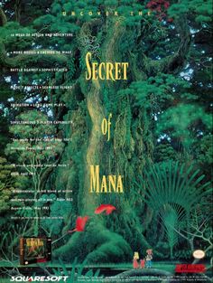 the poster for secret of manaa, which features an image of a giant tree