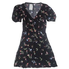 H&M Divided Black Floral Floaty Button Down Mini Tee Shirt-Style Puff Sleeve Summer Dress Size 3xs Y8 Black V-neck Mini Dress With Button Closure, Black V-neck Dress With Button Closure, Black Short Sleeve Dress With Buttons, Black V-neck Dress With Buttons, Fitted Black Dress With Button Closure, Black Button-up Mini Dress For Summer, Black Short Sleeve Mini Dress With Buttons, Black Mini Dress With Button Closure, Fitted Floral Print Button-up Dresses