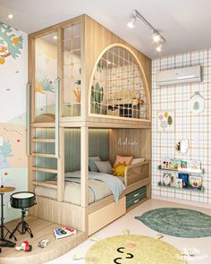 a child's bedroom with bunk beds and playroom in the corner, along with toys on the floor