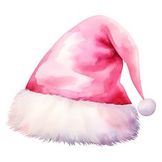 a watercolor painting of a pink santa hat with white fur on the brim