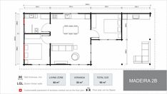 the floor plan for an apartment with two beds and one living room, which is divided by