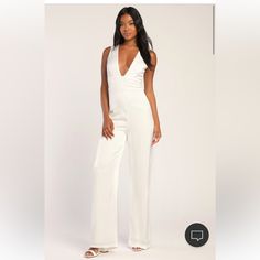 White Deep V Jumpsuit. New With Tags. Great For Bridal Events White Backless Jumpsuits And Rompers For Date Night, White V-neck Jumpsuits And Rompers For Formal Occasions, Trendy White V-neck Jumpsuits And Rompers, White Fitted V-neck Pantsuit, Fitted White V-neck Jumpsuit, White Printed V-neck Jumpsuits And Rompers, White Cotton V-neck Jumpsuit, White Wide Leg Jumpsuit, Lulus Jumpsuit