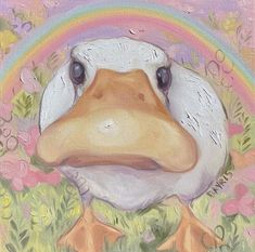 a painting of a duck with a rainbow in the background