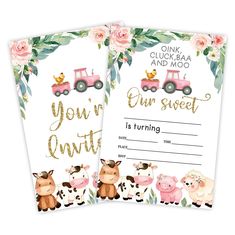 two baby shower cards with farm animals on them