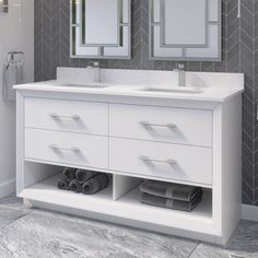 a white bathroom vanity with two mirrors above it