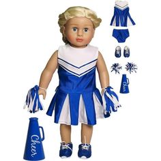 a doll dressed in blue and white with cheerleader outfit