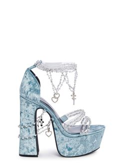 cuz you're an angelic vision! These platform heels have a crushed velvet construction, pearl beaded details all over with heart and cross charms, and adjustable velcro strap closures at the ankles. Holy Revelation Platform Heels, Oc Claims, Blue Platforms, Blue Platform Sandals, Fairy Heels, Goth Gloves, Baby Blue Heels, Mermaid Heels, Beaded Heels