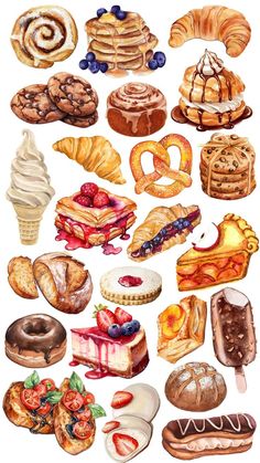 an illustration of many different types of pastries