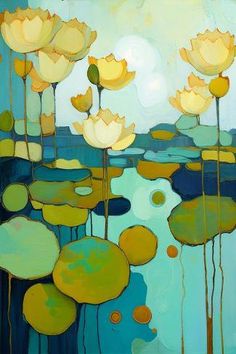 an abstract painting of yellow flowers and water lillies