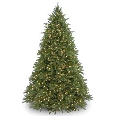 a christmas tree with white lights on the top and green needles, in front of a white background