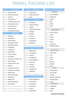 the travel packing list is shown in blue