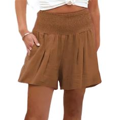 Khaki Solid High Waist Wide Leg Casual Shorts Casual Khaki Solid Color Shorts, Summer Brown Bottoms With Elastic Waistband, Brown Summer Bottoms With Elastic Waistband, Casual High Waist Brown Shorts, Casual Brown High-waisted Shorts, Summer Brown Shorts With Elastic Waistband, Brown Summer Shorts With Elastic Waistband, Casual Brown Shorts For Vacation, High Waist Brown Shorts With Elastic Waistband