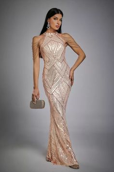 Pretty things always stand out, like Diana Rose Gold Sequin Maxi Dress. Elegant halterneck design, diamante sequined fabric perfectly shapes the curves of the figure. This mermaid evening dress is suitable for any important occasion, highlighting the temperament. Pair it with heels and a tote and you'll be the life of the party. Perfect!  Dress Length: Approx 155cm Materials: Bandage (90% Rayon, 9% Nylon, 1% Spandex) Gentle Dry Clean Only  Model is 5 ft 7 and wears size M  Colour may vary due to Rose Gold Mother Of The Bride Dress, Rose Gold Dress Outfit, Gold Dresses Long, Diana Rose, Maxi Dress Elegant, Gold Party Dress, Sequined Fabric, Glitter Wedding Dress, Mermaid Evening Dress