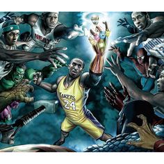 a painting of a basketball player holding a trophy in front of many other players and monsters