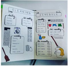 an open notebook with doodles on the pages and cleaning schedule written in black ink