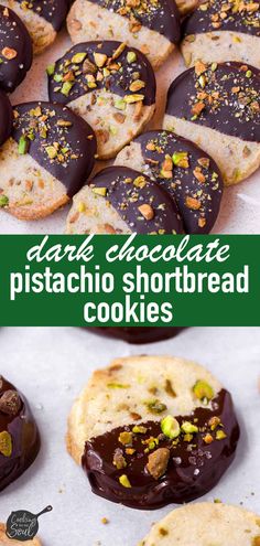 chocolate and pistachio shortbread cookies on a baking sheet with the words, dad's chocolate pistachio shortbread cookies