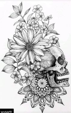 a drawing of a skull with flowers on it